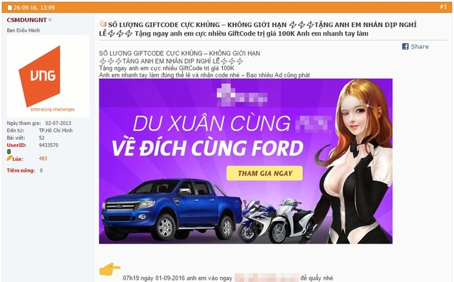 
Bài viết lừa đảo được đăng tải trên diễn đàn game của NPH VNG, lại do một tài khoản quản trị viên đăng tải
