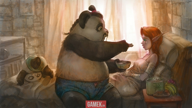 
Tuy nhiên, sau khi thấy nàng Elf bị thương, bố con Panda lại đem cô về nhà chăm sóc, chữa trị vết thương
