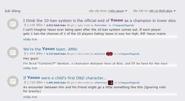 
Một topic được lập trên trang Reddit về Yasuo và những lo lắng liên quan đến vị tướng này khi 10 lượt cấm xuất hiện. Hiện tại, chủ đề đang thu hút hơn 2000 bình luận của gamer trên toàn thế giới.
