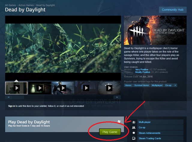 
Truy cập Steam, click vào nút khoanh đỏ trong hình để tải Dead by Daylight miễn phí.
