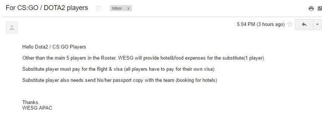 
Email của ban tổ chức WESG gửi tới các đội tham dự vòng loại tại Hàn Quốc
