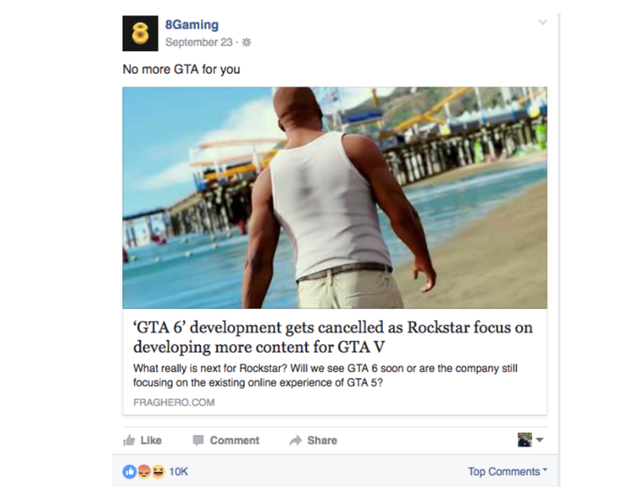 
Một ví dụ về thông tin không có thật về GTA VI nhưng được chia sẻ rất nhiều trên Facebook.
