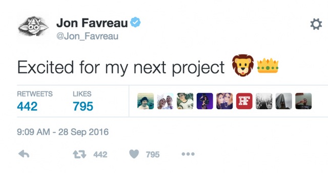 
Favreau, đạo diễn của The Jungle Book và Iron Man mới đây đã tweet trên Twitter rằng: Rất hào hứng với dự án mới. Đi kèm là emoji con sư tử và chiếc vương miện
