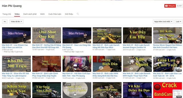 
Hàn Phi Quang chiếm hữu kênh youtube riêng biệt với tương đối nhiều clip share về Sniper nhập Đột Kích
