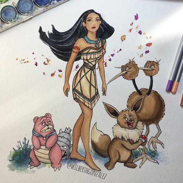 Công chúa Pocahontas trông rất hợp gu với các Pokemon Slowbro, Eevee và Duduo