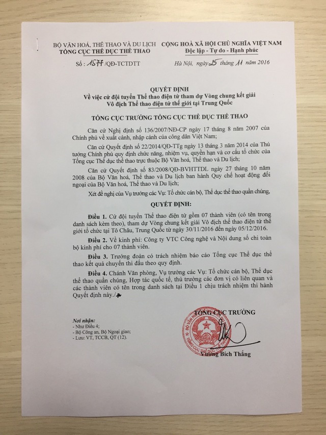 
Quyết định cử Freedom Gaming đi thi đấu tại Trung Quốc do Tổng cục Trưởng tổng cục Thể dục Thể thao Vương Bích Thắng ký.
