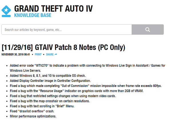 
Thông báo mới cập nhật trên trang chủ của Rockstar về patch mới dành cho GTA IV.
