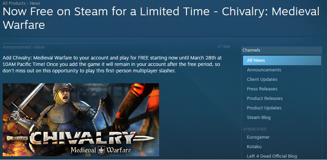 
Từ ngày 28/3, người chơi trên Steam có thể tải và trải nghiệm miễn phí 100% tựa game Chivalry: Medieval Warfare
