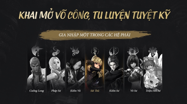 
7 lớp nhân vật trong Blade and Soul: Cuồng Long, Pháp Sư, Kiếm Vũ, Sát Thủ, Kiếm Sư, Võ Sư và Triệu Hồi Sư.
