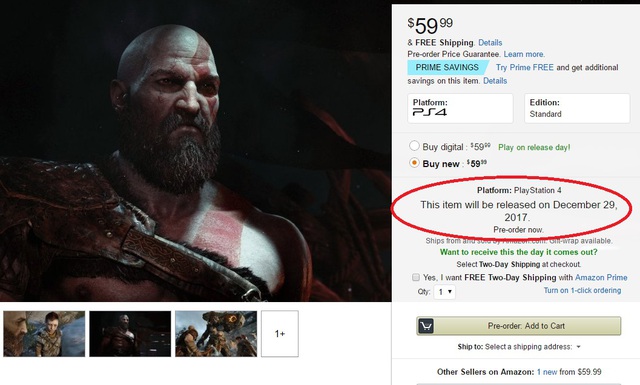 
Thông tin về ngày ra mắt của God of War 4 trên Amazon.
