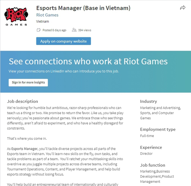 
Thông báo tuyển dụng nhân sự cho vị trí Esports Manager của Riot Games tại Việt Nam
