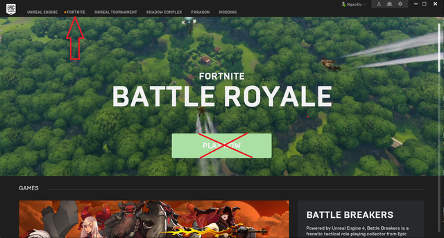 
Sau khi đăng nhập vào ứng dụng của Epic Game, bạn sẽ thấy ngay quảng cáo của Battle Royale. Tuy nhiên, đừng ấn vào Play Now (vì server chưa mở cửa nên click vào đấy sẽ bị lỗi). Để tải game, bạn hãy chọn Fortnite ở góc trên bên trái.
