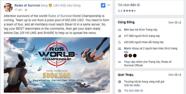 
Dòng trạng thái được chia sẻ trên facebook của Rules of Survival
