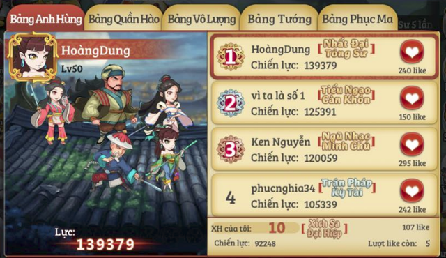 
Một người chơi lựa chọn sử dụng tướng Hoàng Dung và hiện đang đứng Top 1 server S25 của game.
