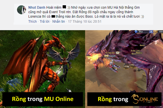 
Một game thủ đưa ra nhận định rằng Boss Rồng trong S Online lấy cảm hứng từ Boss Rồng Đỏ từ thời MU Online mới du nhập về Việt Nam.
