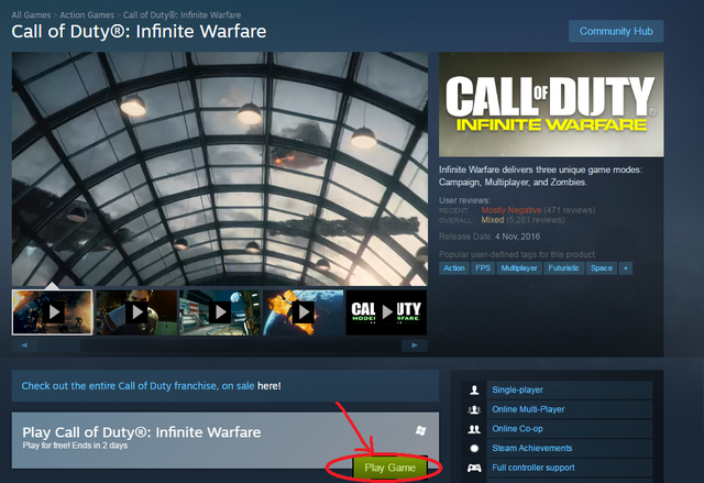 
Click vào nút Play Game khoanh đỏ để tải Call of Duty: Infinite Warfare về chơi miễn phí.
