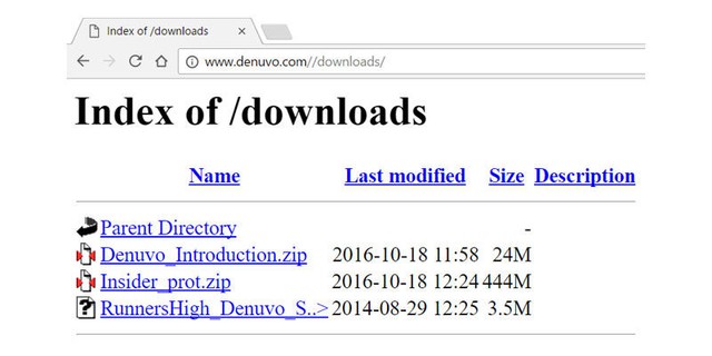 
Cây thư mục dữ liệu web bị lộ trên chính trang chủ của Denuvo.
