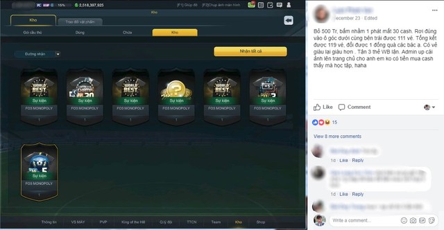 
Mất 500 triệu EP với vài lần đổ xí ngầu, 1 game thủ đã nhận được những vật phẩm giá trị. Nguồn: Fanpgae FIFA Online 3 Việt Nam.

