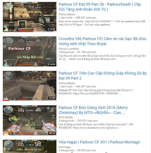 
Bạn có thể tìm thấy rất nhiều những clip Parkour Đột Kích trên youtube
