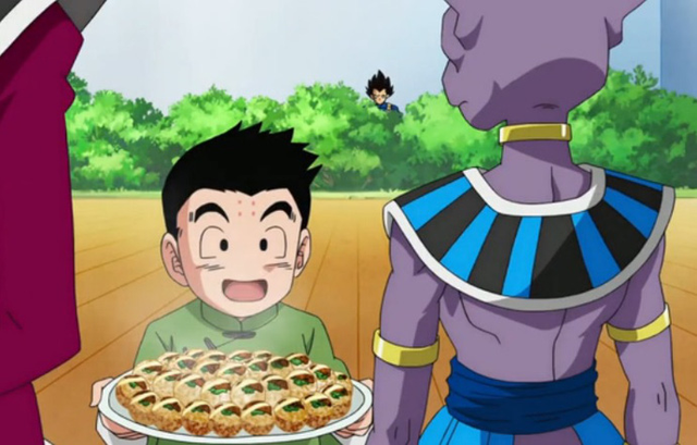 
Trong Dragon Ball Super, Krillin đã mời thần hủy diệt Beerus và hầu cận Whis ăn món Takoyaki.
