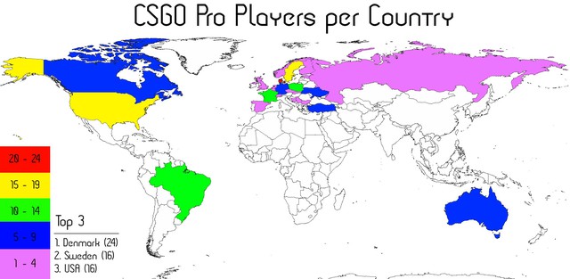 
Bản đồ thể hiện sự phân bố các game thủ chuyên nghiệp CS:GO (trong top 30 team) theo từng quốc gia
