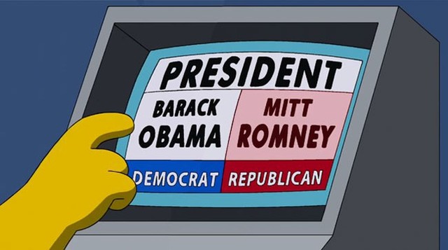 
Trong tập phim này, Homer Simpson đã nhất quyết bầu cho ông Obama và đảng Dân Chủ, dù cho máy tính kiên quyết ép ông phải bầu cho đảng Cộng Hòa, từ ngài Mitt Romney tới ông Mc Cain.
