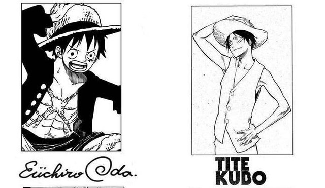 
Luffy dưới ngòi bút của chính tác giả One Piece - Oda Eiichiro và tác giả của Bleach - Tite Kubo.
