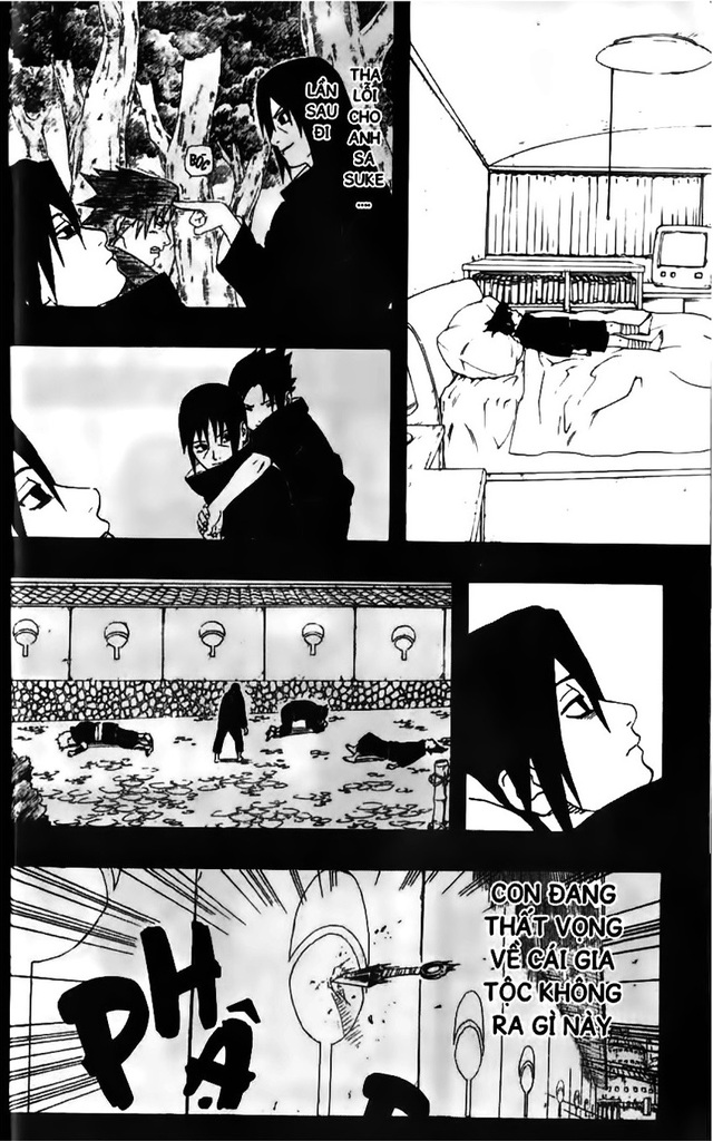 
Itachi thường ấn nhẹ vào chán Sasuke và nói : “Thứ lỗi cho anh, Sasuke. Lần sau đi nhé!”. Lúc đó, Sasuke luôn thần tượng, tự hào về anh trai mình vì Itachi là một thiên tài,một niềm hy vọng của dòng tộc Uchiha.
