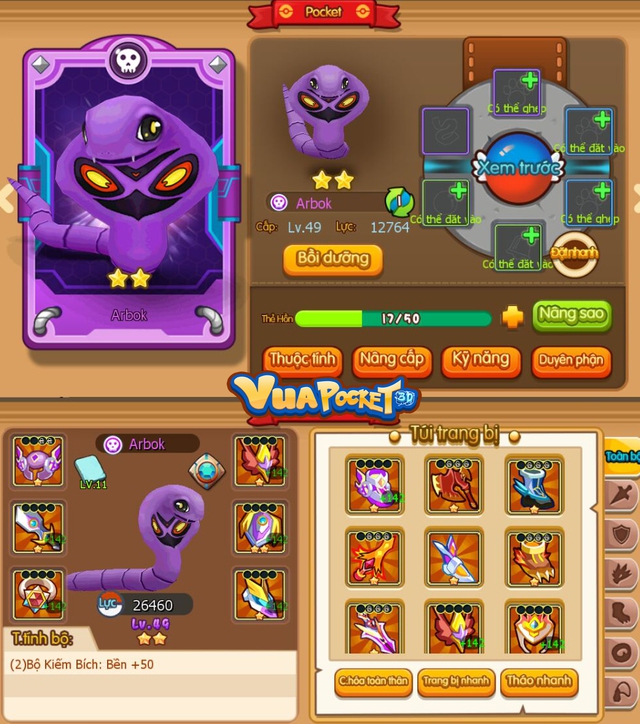 Arbok là Pokemon hệ độc đảm nhiệm vai trò sát thương chính trong Vua Pocket 3D