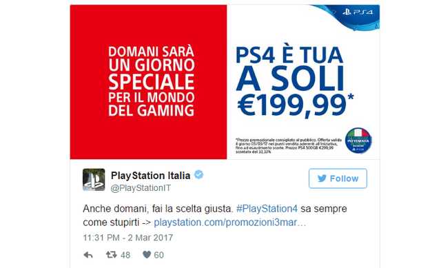 
Thông báo giảm giá bán máy PS4 xuống còn 200 Euro của PlayStation chi nhánh Ý.

