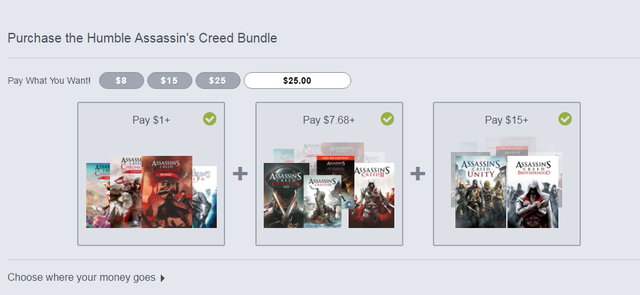 
Chọn mức 1 USD để sở hữu 4 tựa game là Assassins Creed 1 và bộ 3 Assassins Creed: Chronicles.
