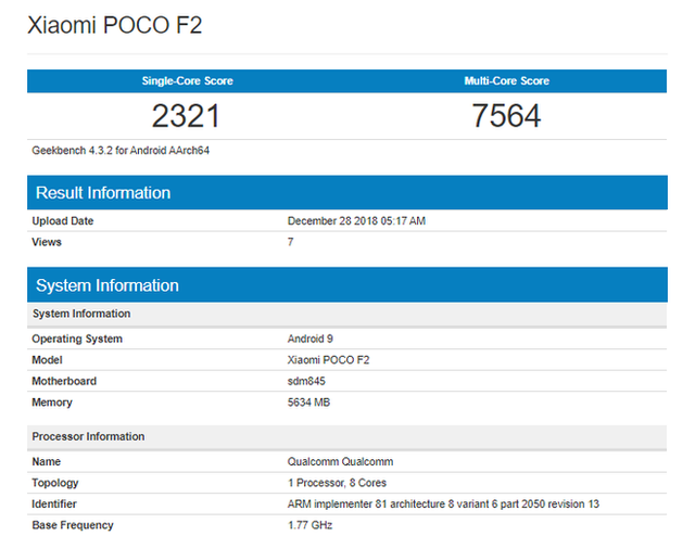 Xiaomi Pocophone F2 lộ thông số giống hệt F1 trên Geekbench - Ảnh 1.