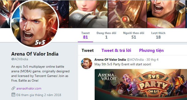 
Tài khoản mạng xã hội Twitter chính thức của Arena of Valor Ấn Độ.
