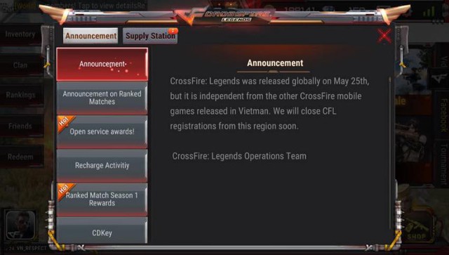 
Thông báo chỉ đích danh khu vực Việt Nam của ban quản trị CrossFire Legends bản tiếng Anh.

