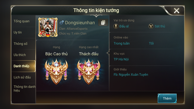 
Mức rank hiện tại ở ngưỡng Cao Thủ, cao nhất là Thách Đấu (Top 50 Cao Thủ nhiều sao nhất toàn server).
