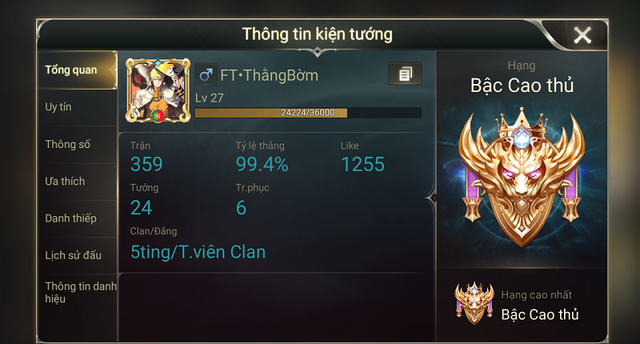 
Với 359 trận với tỷ lệ thắng gần 100%, nick có tên FTxThằngBờm đã đạt rank Cao Thủ.
