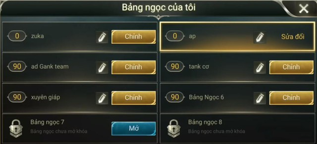 
Bảng ngọc cấp 3 trong account Phong Zhou rất đa dạng cho từng nhóm tướng.
