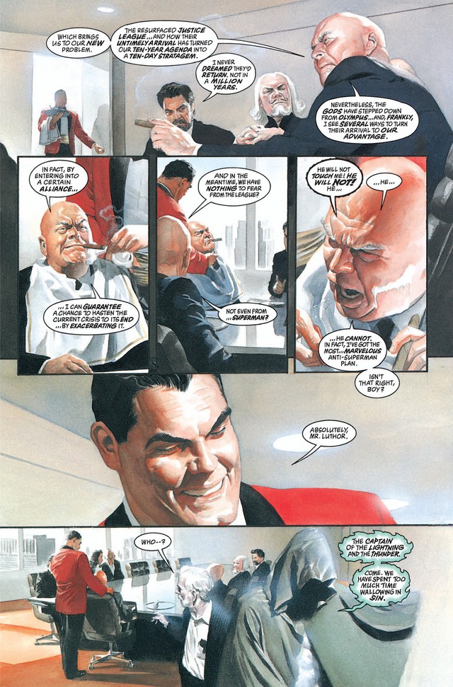 
Lex Luthor thì thậm chí lập ra Mặt trận tự do nhân loại (Mankind Liberal Front) với ý chống đối với cái chủ nghĩa siêu anh hùng. Và bạn có nhận ra người đàn ông mặc áo đỏ là ai không?
