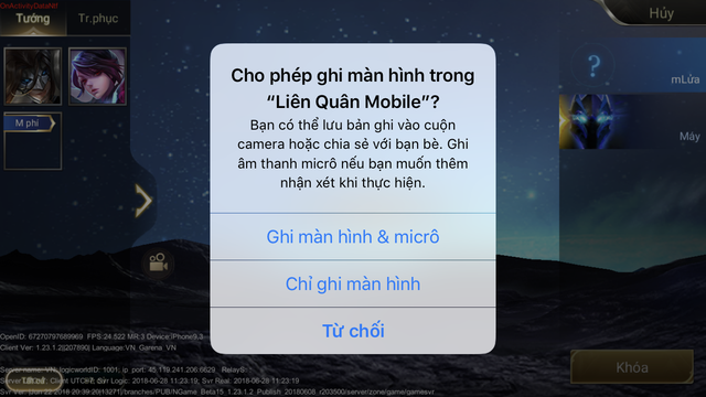 
Bước 2: Vào trận đấu. Game thủ sẽ được hỏi có cho phép Liên Quân Mobile quyền quay màn hình và thu tiếng không. Hãy đồng ý.
