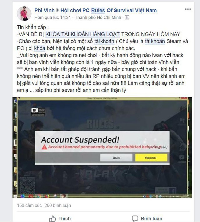 
Để tránh bị khóa oan account, game thủ Rules of Survival phải truyền nhau những mẹo hạn chế thực hiện.
