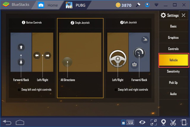 Có 3 chế độ lái trong PUBG Mobile trên Bluestacks