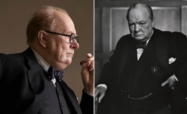 Quả thực, nỗ lực vượt bậc của Gary Oldman đã được đền đáp. Thật khó có thể nói lên được điểm khác biệt giữa hình ảnh chân thực của Thủ tướng Winston Churchill (bên phải) và phiên bản điện ảnh của ông trong Giờ Đen Tối (bên trái).