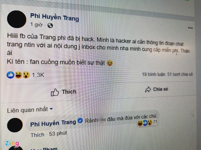 Facebook Phi Huyền Trang bị hack, đe dọa lộ clip nóng - Ảnh 2.