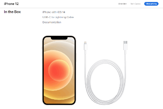 Phụ kiện duy nhất đi kèm iPhone 12 là cáp sạc USB-C to Lightning.