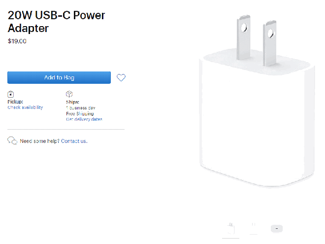 Củ sạc nhanh 20W USB-C được Apple bán với giá 19 USD.