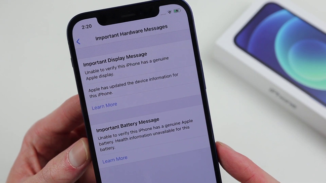 iPhone 12 cảnh báo khi màn hình và pin bị thay thế