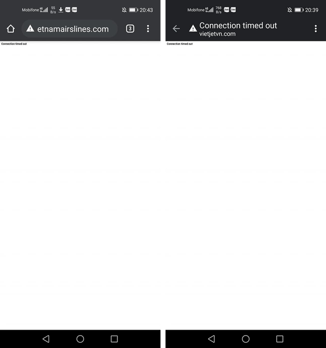Hiện cả 2 website, vietnamairslines.com và vietjetvn.com đều không truy cập được