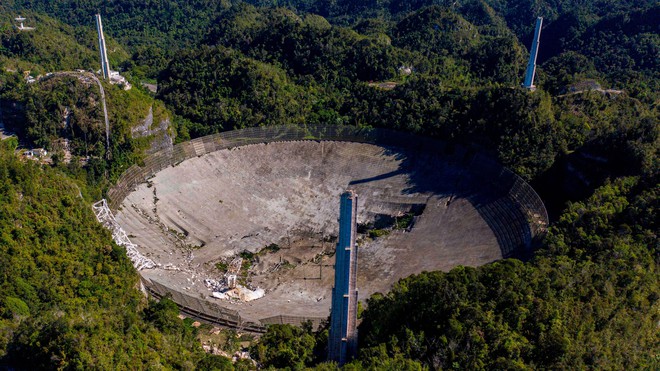 Hai góc máy cho thấy toàn cảnh vụ việc sập đài thiên văn Arecibo diễn ra cách đây không lâu - Ảnh 1.