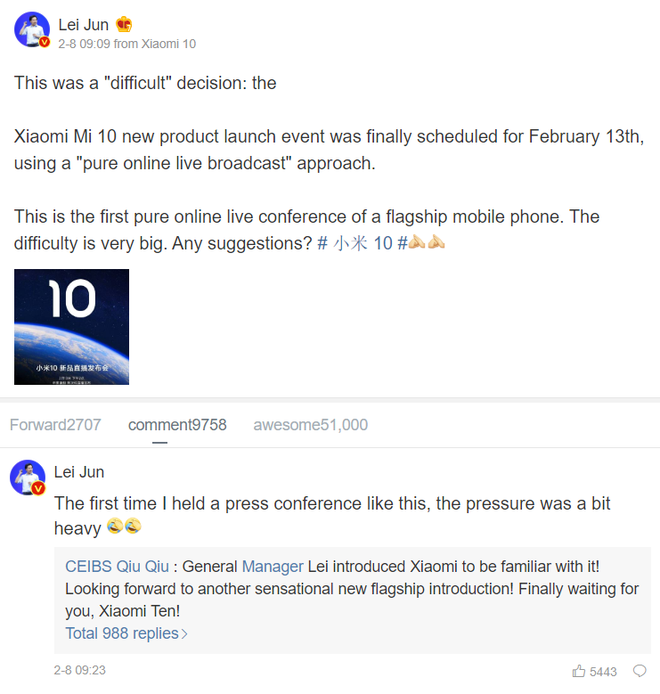 CEO Xiaomi xác nhận ngày mắt Mi 10, lên mạng hỏi lời khuyên để tổ chức sự kiện trực tuyến - Ảnh 2.
