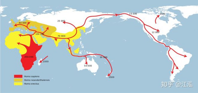 Lộ trình di cư của người Homo sapiens, họ đã ở lục địa Úc từ 50.000 năm trước.